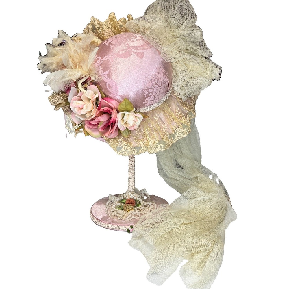 VTG Victorian Hat Style Bonnet On Stand Pink Satin Lace Tulle Flowers Feathers
